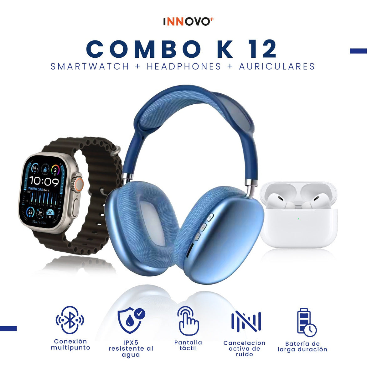 Combo k12 - Reloj Inteligente + HeadPhone Inalámbrico + auriculares